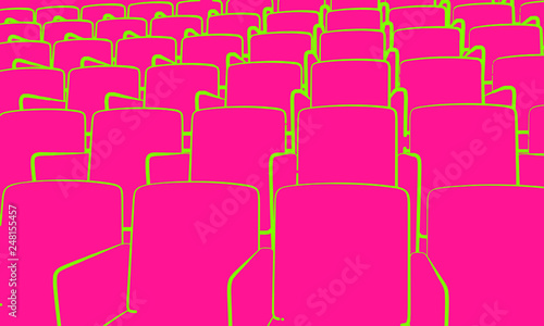 Empty cinema auditorium - green drawing technical sketch on pink background