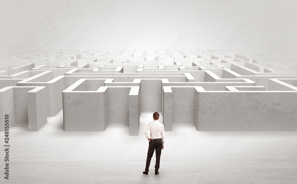 Businessman trying to decide which entrance to choose at the maze
Businessman trying to decide which entrance to choose at the maze