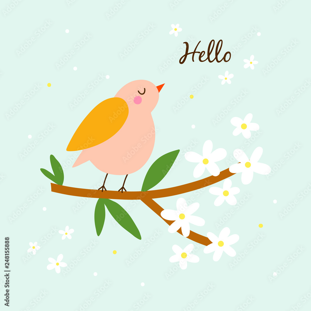 Fototapeta premium Hello - vector illustrations with blossom sprig and bird. Cute design for greeting card.