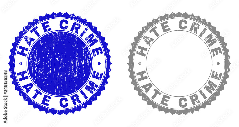 Grunge HATE CRIME stamp seals isolated on a white background. Rosette seals with grunge texture in blue and gray colors. Vector rubber stamp imitation of HATE CRIME tag inside round rosette. Grunge HATE CRIME stamp seals isolated on a white background. Rosette seals with grunge texture in blue and gray colors. Vector rubber stamp imitation of HATE CRIME tag inside round rosette.