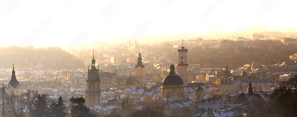 Lviv city overview, landscape with old cathedrals and towers, Ukraine