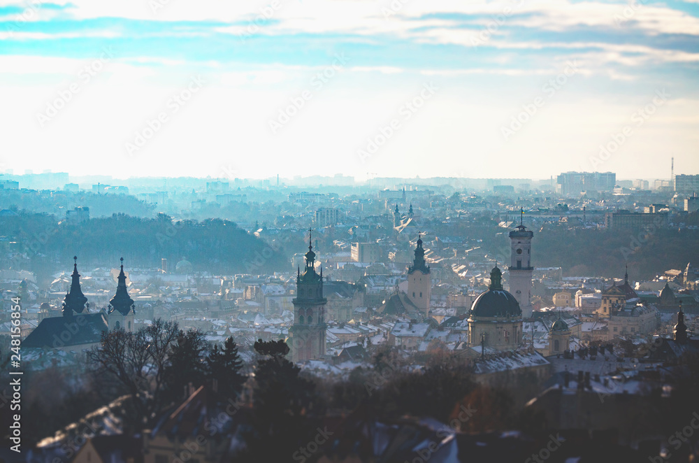 Obraz premium Lviv city overview, landscape with old cathedrals and towers, Ukraine