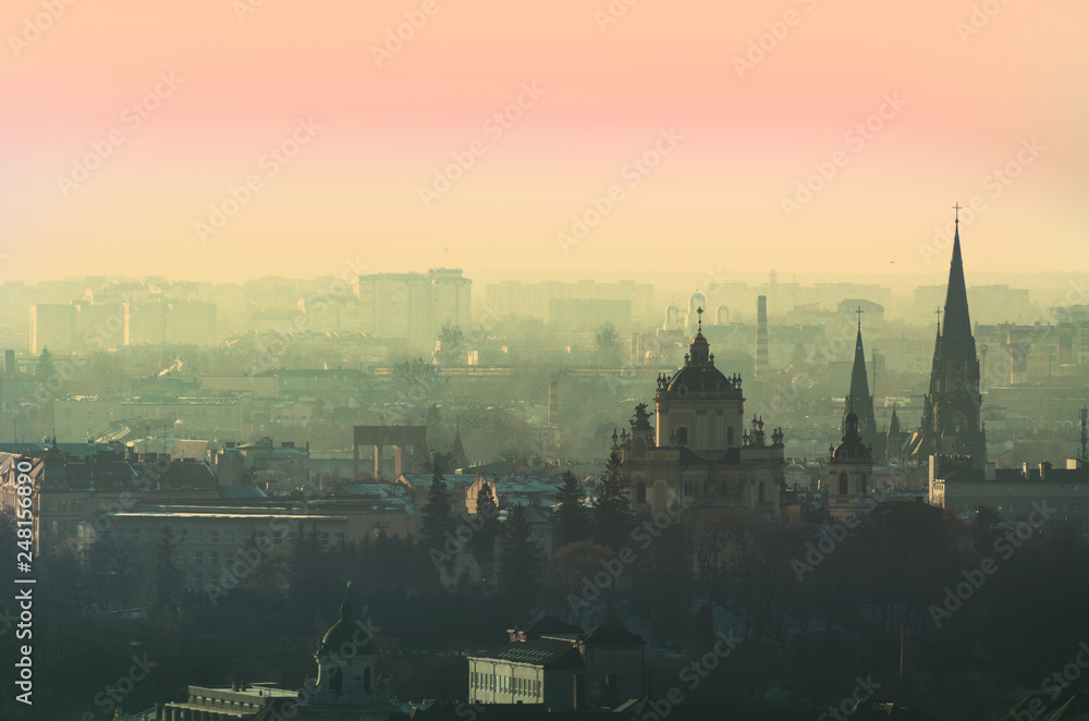 Lviv city overview, landscape with old cathedrals and towers, Ukraine