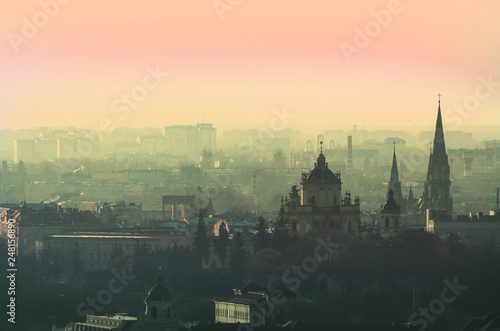 Lviv city overview  landscape with old cathedrals and towers  Ukraine