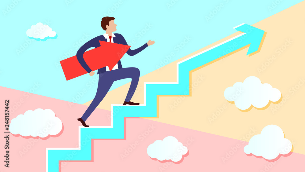 Businessman is walking up the stairs with an arrow pointing along his path under his arm. Concept of a charismatic man going to his intended goal. Businessman is walking up the stairs with an arrow pointing along his path under his arm. Concept of a charismatic man going to his intended goal.