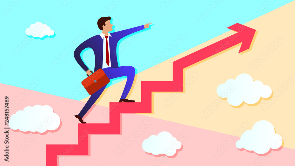 pastel minimal colored businessman stands on growing up steps Arrow and points forward in direction of movement pastel minimal colored businessman stands on growing up steps Arrow and points forward in direction of movement