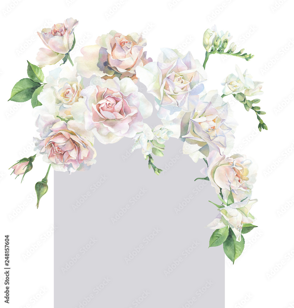 A bouquet of light roses and freesia. For congratulations and invitations.