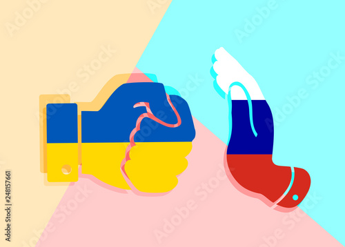 design graphic representation of concept depicting protection from aggressor, in this case hand painted in colors of Russian flag tries to soften aggressive fist painted in colors of Ukrainian flag