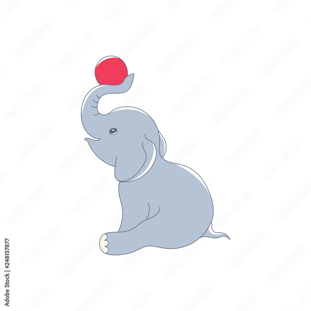 Fototapeta premium Cute cartoon elephant with a ball. Little elephant holding a ball trunk. Vector illustration.