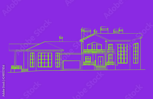 ufo green scetch of house isolated on proton purple background