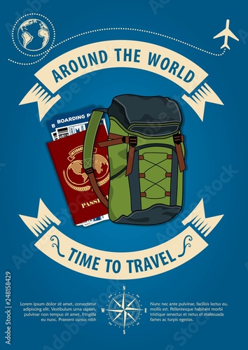 Time to travel banner or poster with rucksack, passport and boarding passes tickets. Concept for travel and vacations. Vector illustration