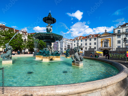 Overview of the city with Rossio Square and the Bronze Fountain, Lisbon, Portugal, July 2017