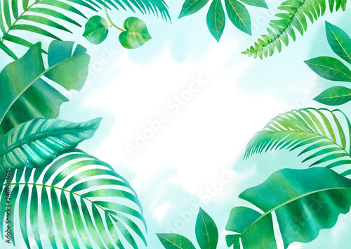 Watercolor background with illustrations of tropical flora
