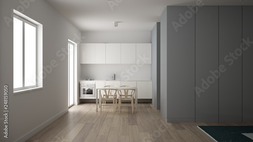 Minimalist small kitchen in one bedroom apartment  dining table with wooden chairs  parquet floor  white interior design  clean architecture concept idea