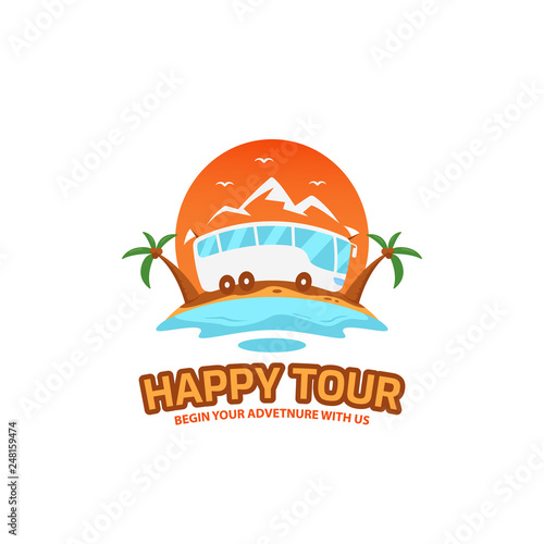 Happy tour and travel illustrative logo badge in fun colorful cartoon style icon design