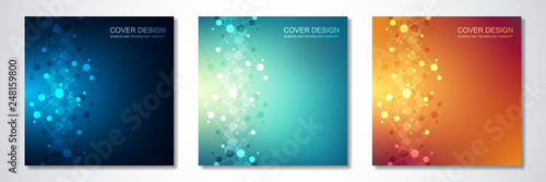 Square templates for cover or brochure, with molecules background and neural network. Abstract geometric background of connected lines and dots. Science and technology concept.