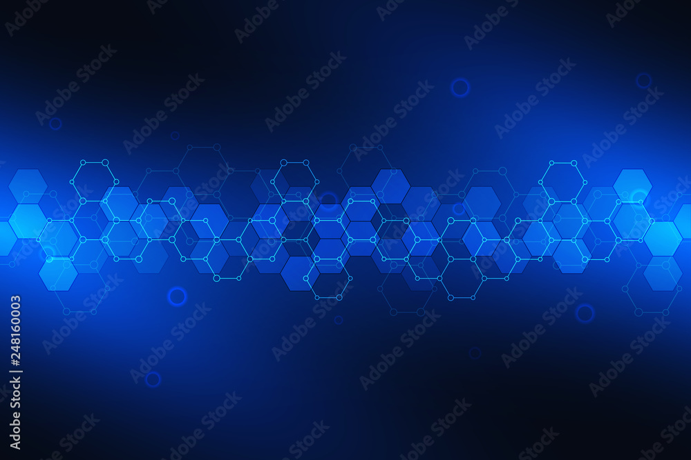 Science and technology background with hexagons pattern. Hi-tech background of molecular structures and chemical engineering. Science and technology background with hexagons pattern. Hi-tech background of molecular structures and chemical engineering.