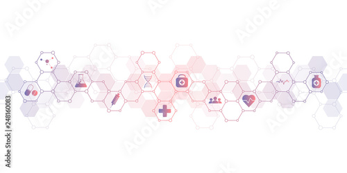 Healthcare medical and science background with icons and symbols. Innovation technology concept.