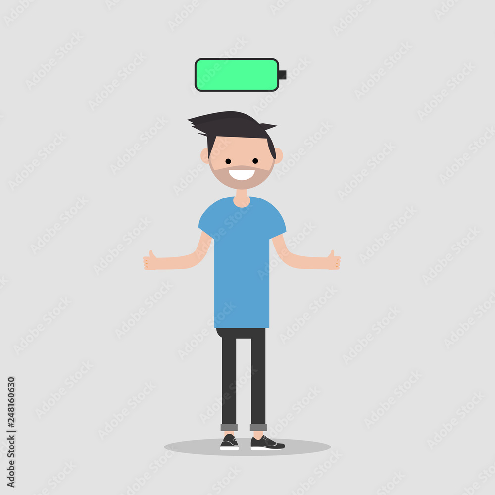 young happy character with full battery icon above.flat cartoon design
