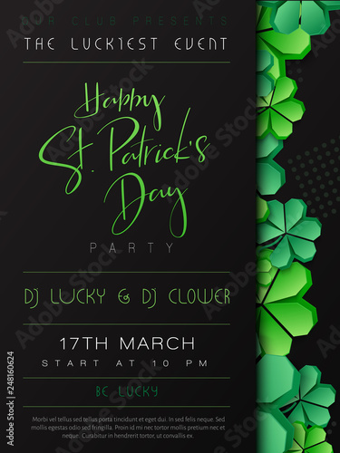 Vector illustration of saint patricks day invitation party poster template with hand lettering label - happy st. patrick's day- with paper origami clover leaves