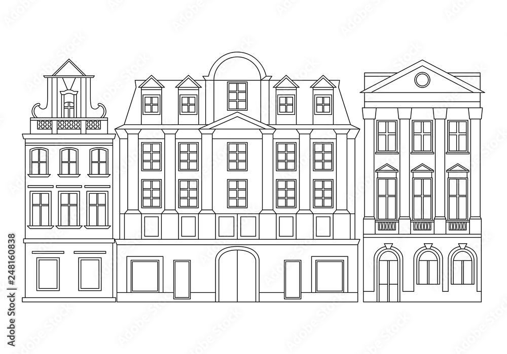 Vector line illustration of European cozy historical buildings. Line monochrome art.