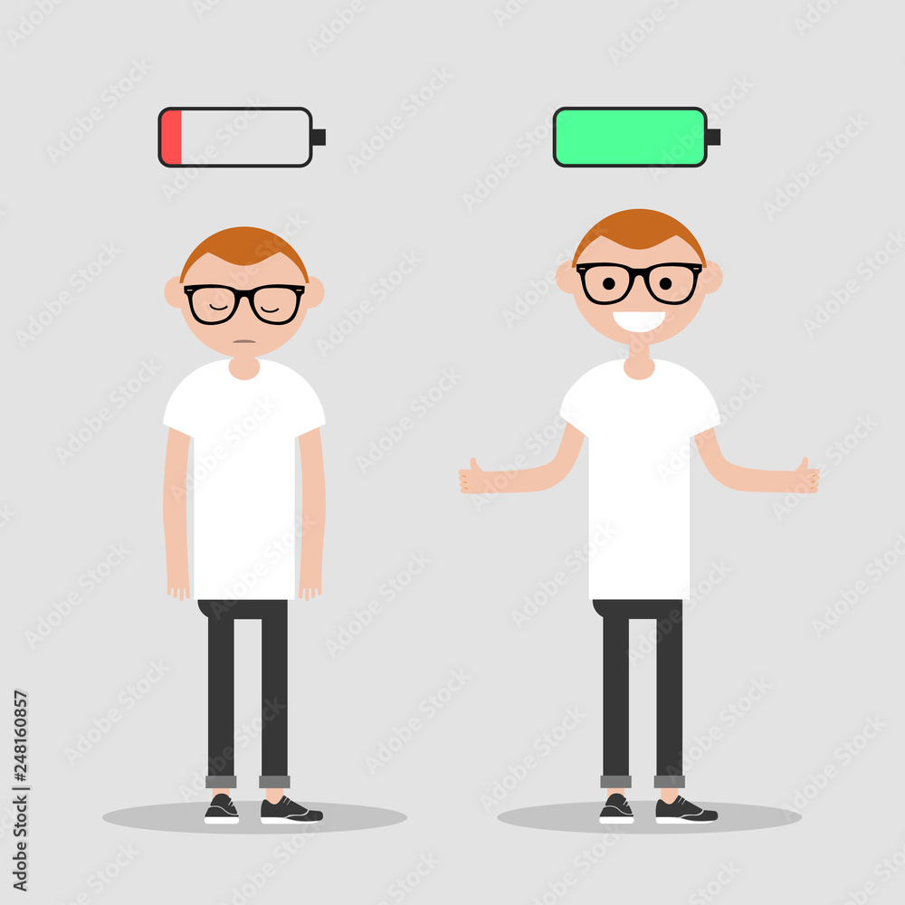 young character in two versions tired and active with battery icon above,full and low battery concept.flat cartoon design young character in two versions tired and active with battery icon above,full and low battery concept.flat cartoon design