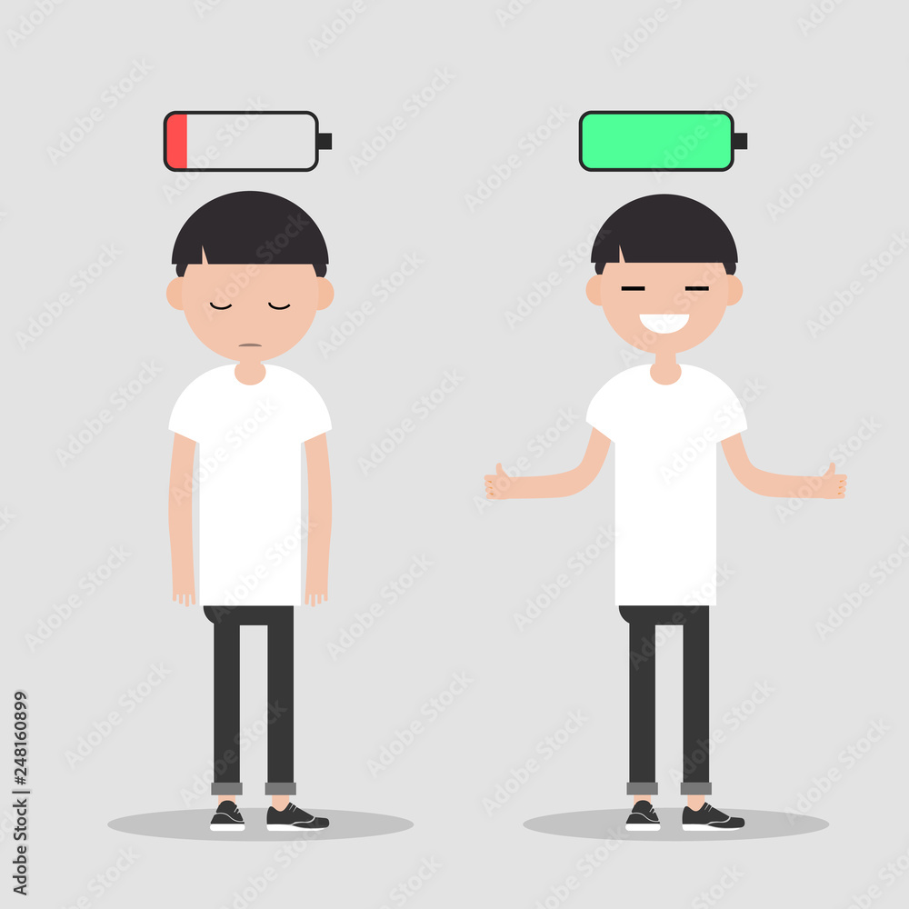 young character in two versions tired and active with battery icon above,full and low battery concept.flat cartoon design young character in two versions tired and active with battery icon above,full and low battery concept.flat cartoon design