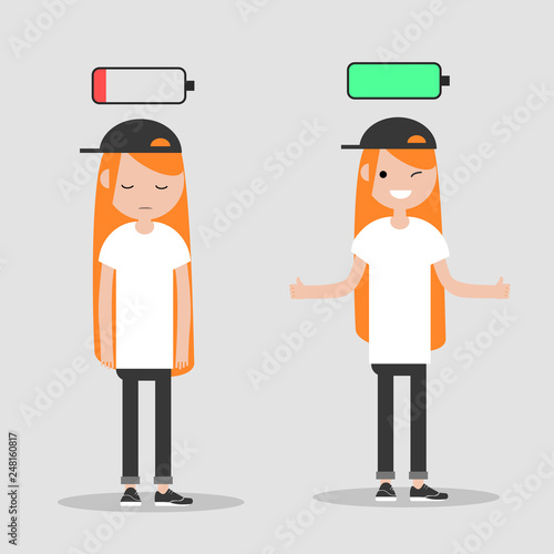 young character in two versions tired and active with battery icon above,full and low battery concept.flat cartoon design