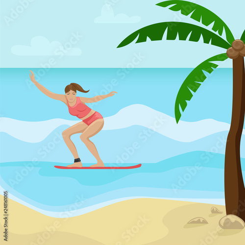 Beach landscape with palm trees. Girl surfing on the waves. Flat vector illustration.