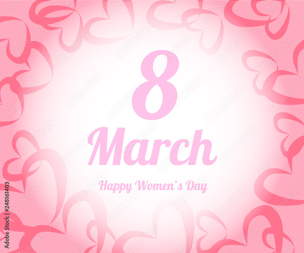 8 March greeting card template. International Women's day background or brochure template, hearts an a bow.