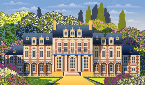 Medieval old mansion with garden, flowering shrubs and trees. Flat design. Vintage Poster