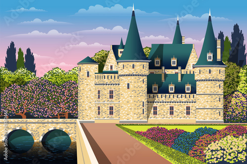 Medieval old gothic castle with a bridge, Park, flowering shrubs and trees. Flat design.