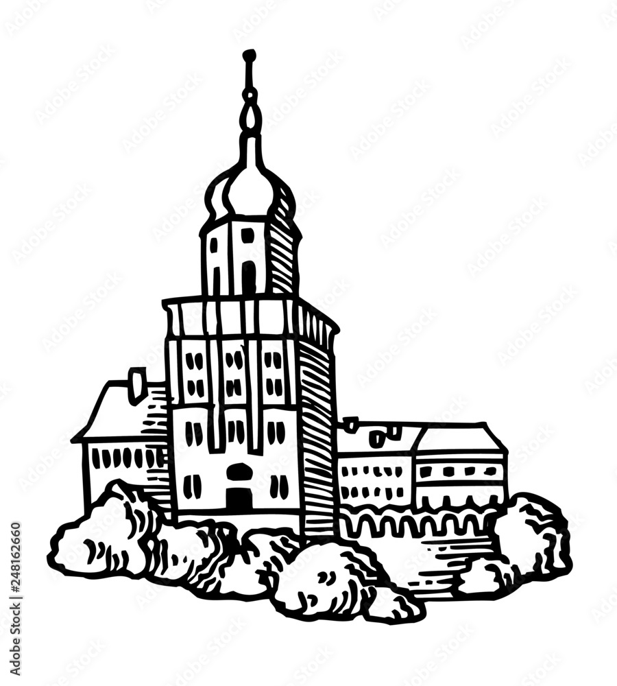 Old Town with a tower and square, Central European architecture, pen drawing black and white
