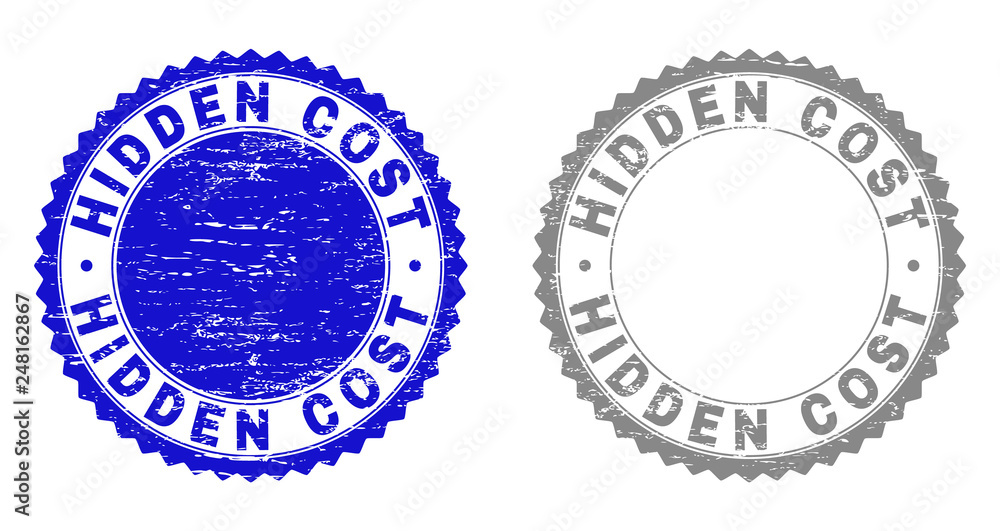 Grunge HIDDEN COST stamp seals isolated on a white background. Rosette seals with distress texture in blue and gray colors. Vector rubber stamp imitation of HIDDEN COST label inside round rosette.