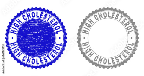 Grunge HIGH CHOLESTEROL stamp seals isolated on a white background. Rosette seals with grunge texture in blue and grey colors.