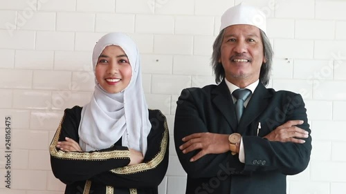 Senior business Arabic people and Muslim woman partner smiling together. photo