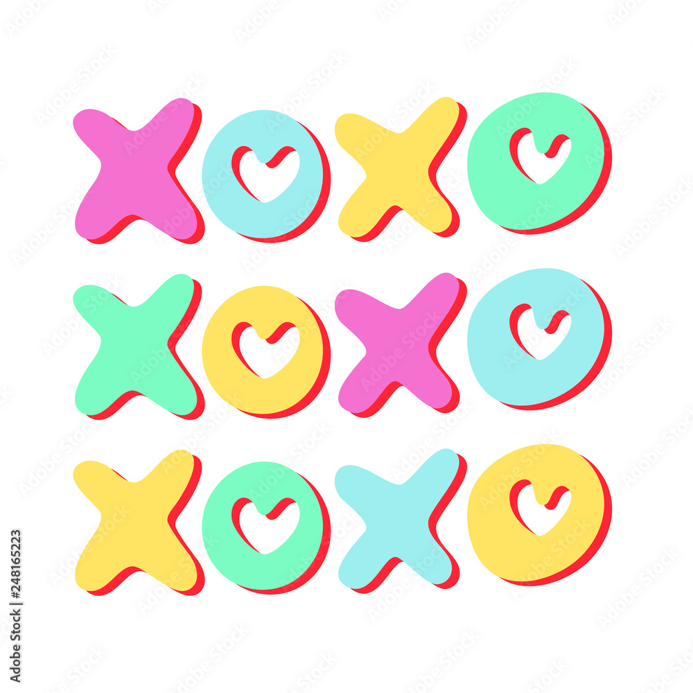 Fluorescent colors of Vector illustration. Hugs and Kisses XoXo doodle for love concept. Valentine and wedding card. Square format. Bright image. Tic tac toe game.