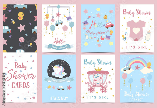 Pink blue baby shower invitation with carriage,star,elephant,bottle,tiger,milk and cloud