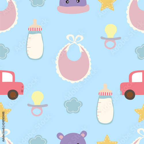 adorable blue seamless pattern with pacifier,balloon,car,duck,nappy and ribbon