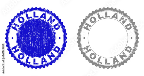 Grunge HOLLAND stamp seals isolated on a white background. Rosette seals with grunge texture in blue and grey colors. Vector rubber stamp imprint of HOLLAND text inside round rosette.