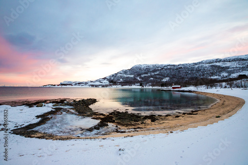 Lavangs Fjord at sunrise in winter season, Lofotten Islands, Norway