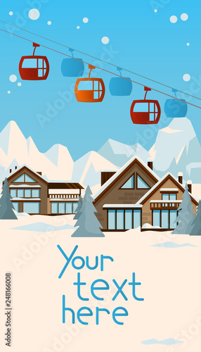 Winter landscape with cosy chalet houses and cable-railway for skiers and snowborders in the full of snow mountain valley