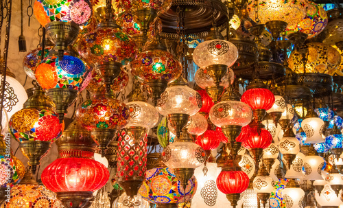 Multicolored authentic lamps hanging at the Grand Bazaar in Istanbul  Turkey