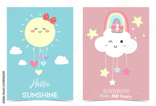 Colorful hand drawn cute card with rainbow,heart,cloud,star,sun.Rainbow make me happy.Hello sunshine