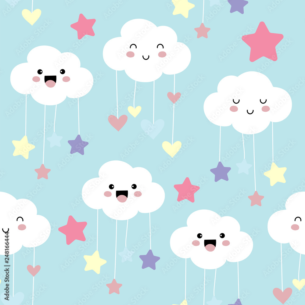 Blue kawaii seamless pattern with star,cloud and heart element Blue kawaii seamless pattern with star,cloud and heart element