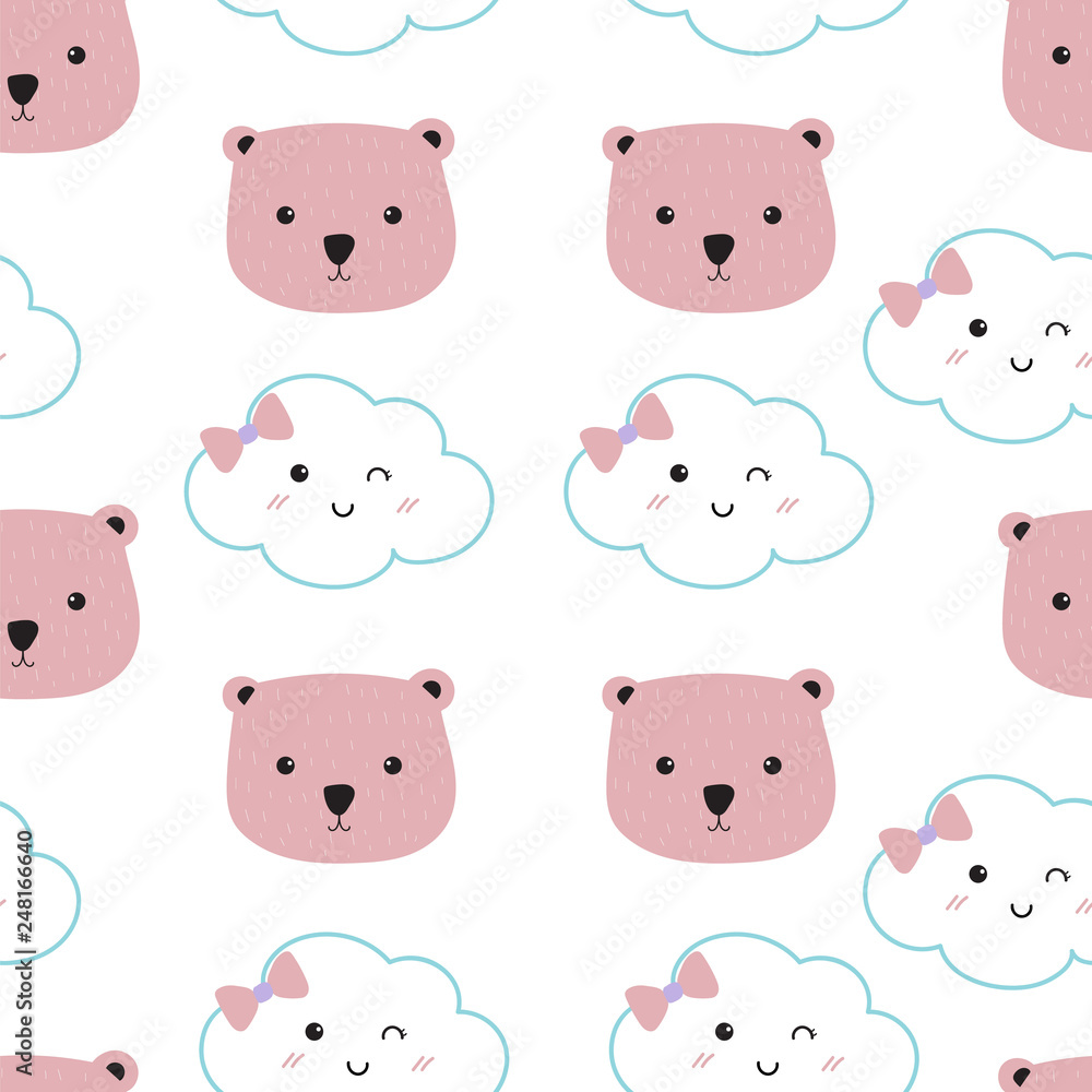 Pink kawaii seamless pattern with cloud and bear