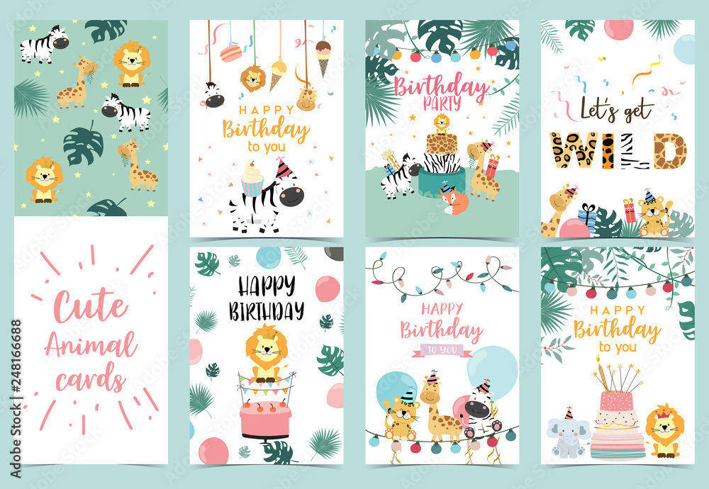 Green birthday card with tiger, giraffe, zebra,cake,leaf,rainbow,light and balloon Green birthday card with tiger, giraffe, zebra,cake,leaf,rainbow,light and balloon