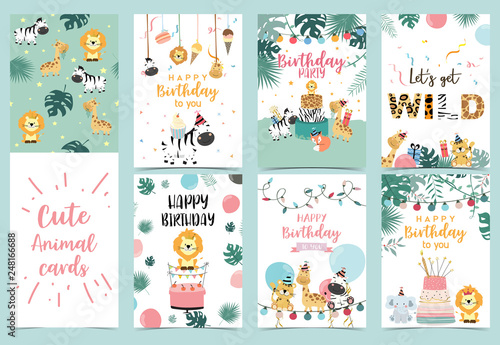 Green birthday card with tiger, giraffe, zebra,cake,leaf,rainbow,light and balloon