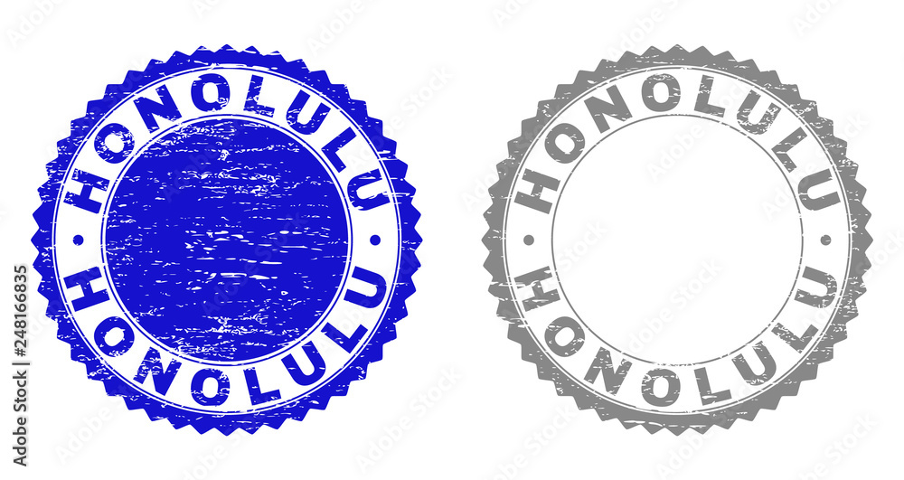 Grunge HONOLULU stamp seals isolated on a white background. Rosette seals with grunge texture in blue and grey colors. Vector rubber stamp imprint of HONOLULU caption inside round rosette.