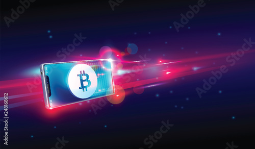 Cryptocurrency buy or trading on flying smartphone, bite coin wallet and blockchain background Vector.